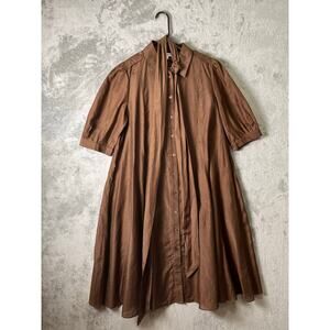 LK Bennett Brown Silk Cotton Blend Dress Belted Puff Sleeve Quiet Luxury Size 8